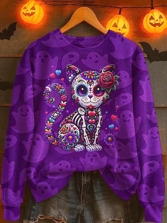 Halloween Cat Printed Long Sleeve Casual Top