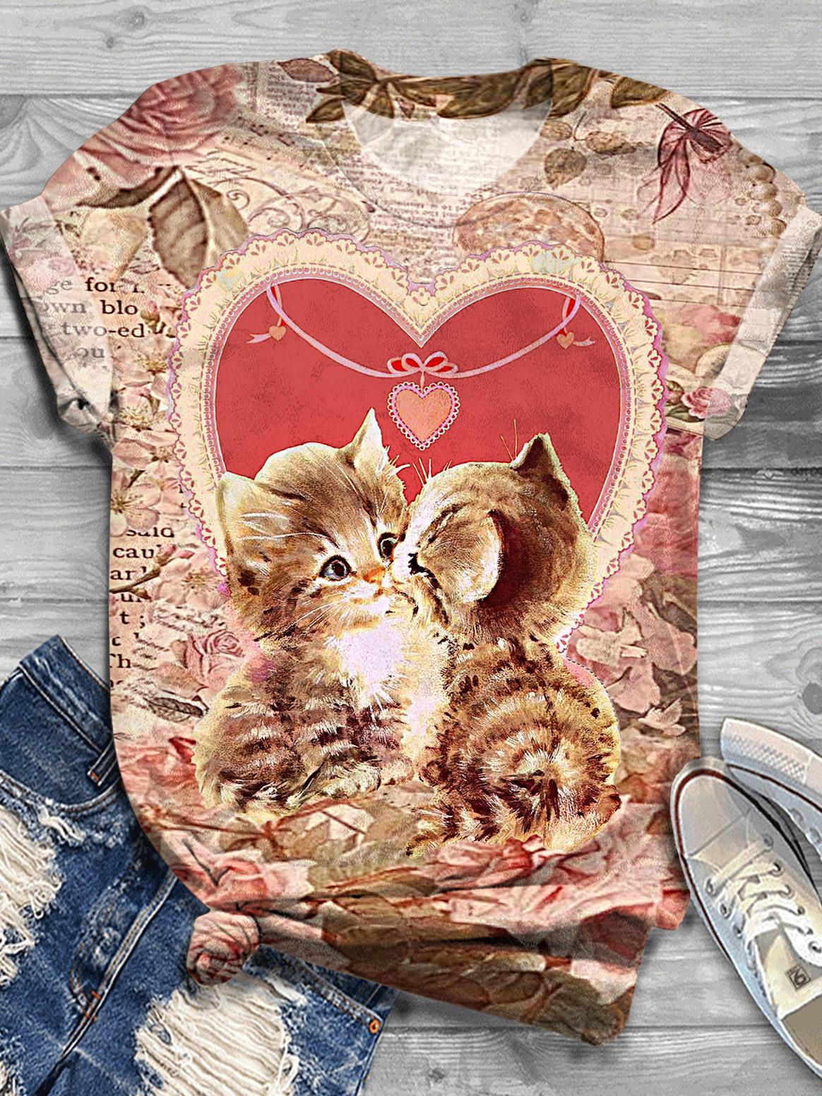 Women's Retro Valentine's Day Love Cat Print Crew Neck T-shirt