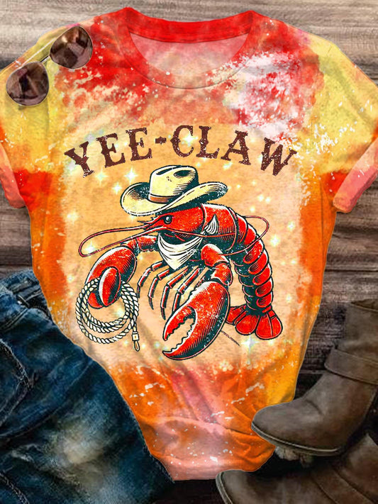 Retro Vacation Crayfish Printed Crew Neck T-shirt