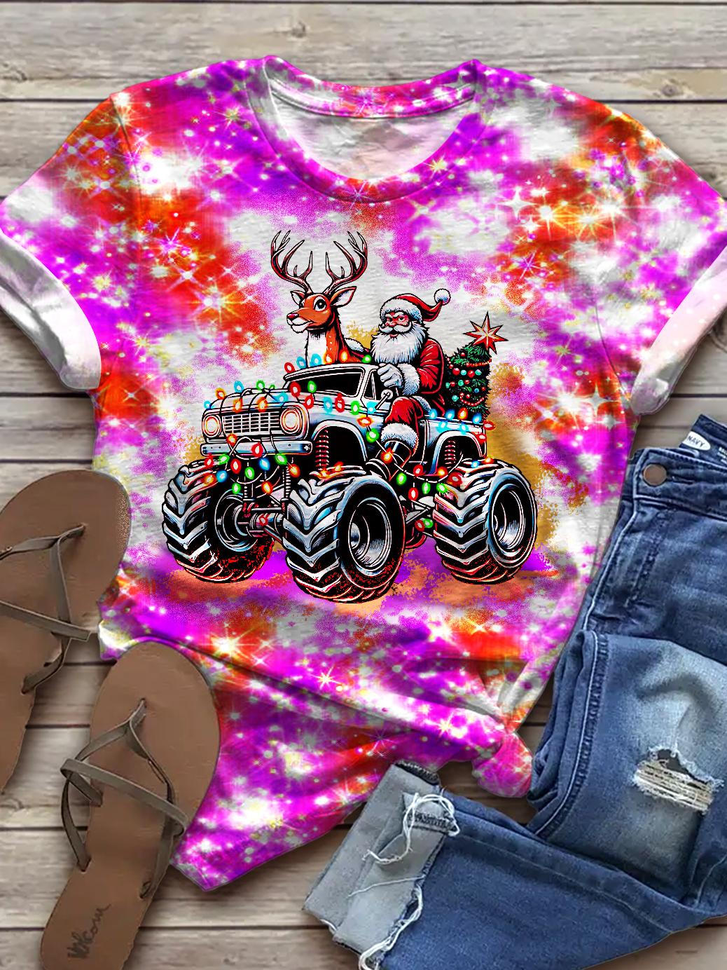 Women's Santa Monster Truck Print Crew Neck T-shirt