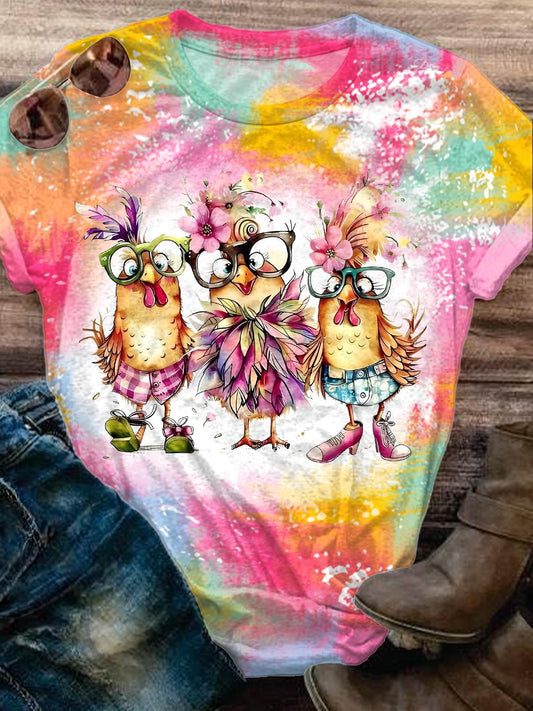 Cute Flower Chicken Crew Neck T-shirt