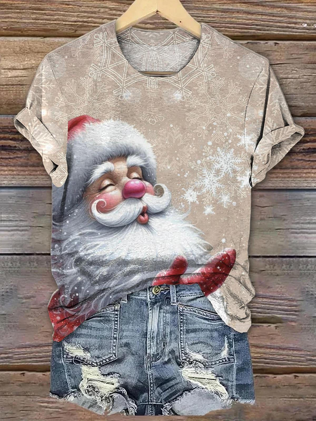 Santa Snowflake Printed Crew Neck T-shirt