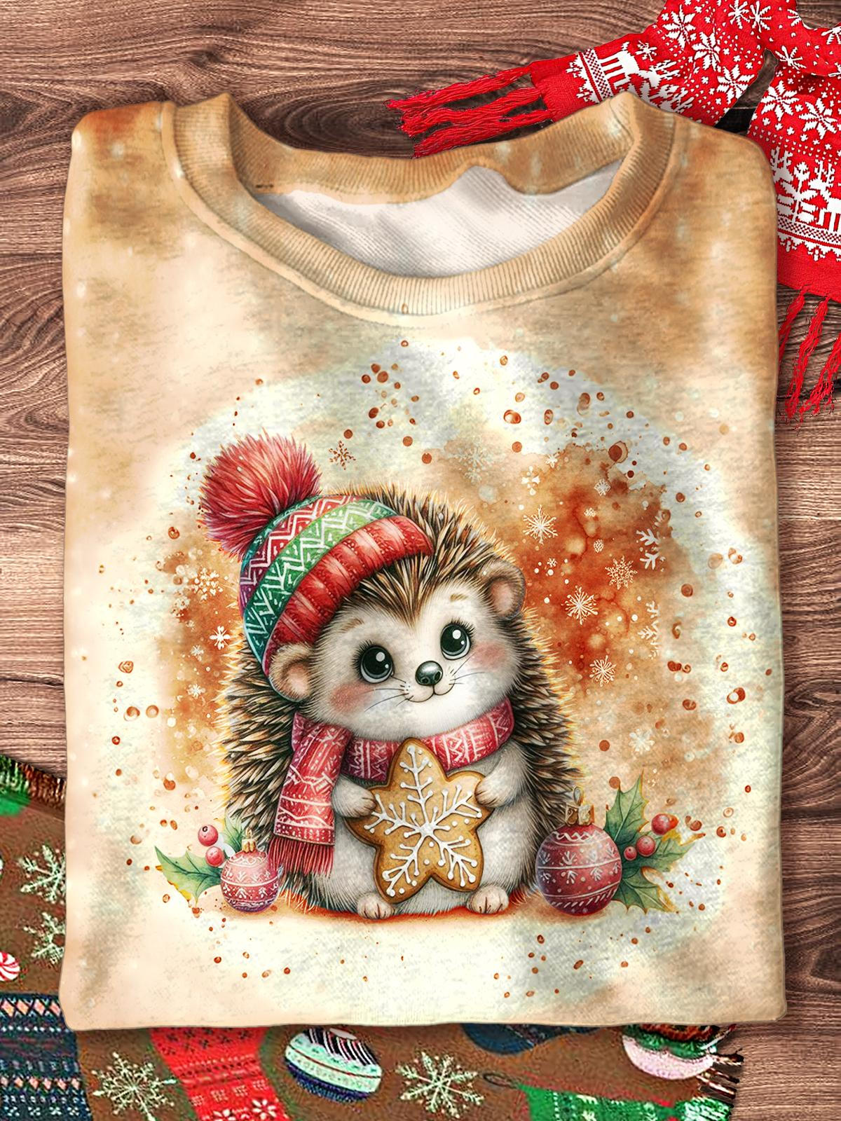 Women's Winter Christmas Hedgehog Printed Long Sleeve Casual Top