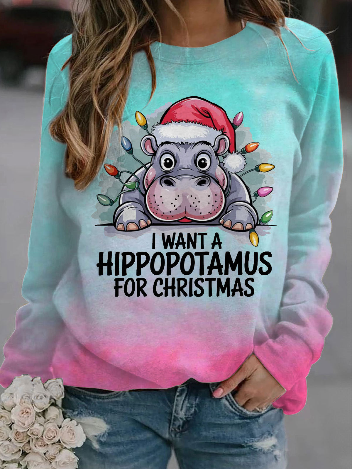 Christmas Fun Animal Hippos Long Sleeve Casual Top