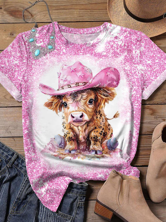 Vintage Pink Highland Cow Crew Neck T-shirt
