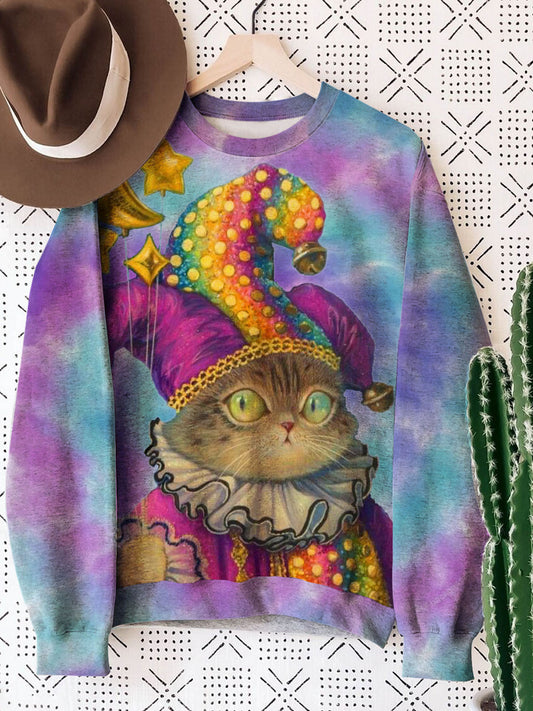 Cat Clown Rainbow Retro Print Round Neck Long Sleeve Sweatshirt