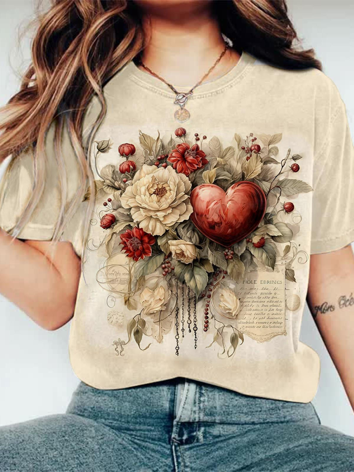 Vintage Valentine's Day Floral Heart Print Crew Neck T-shirt