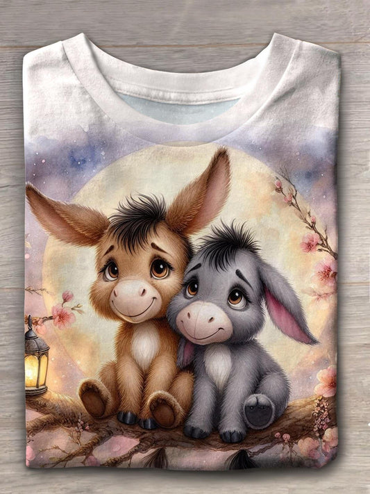 Cute Donkey Flowers Print Crew Neck T-shirt