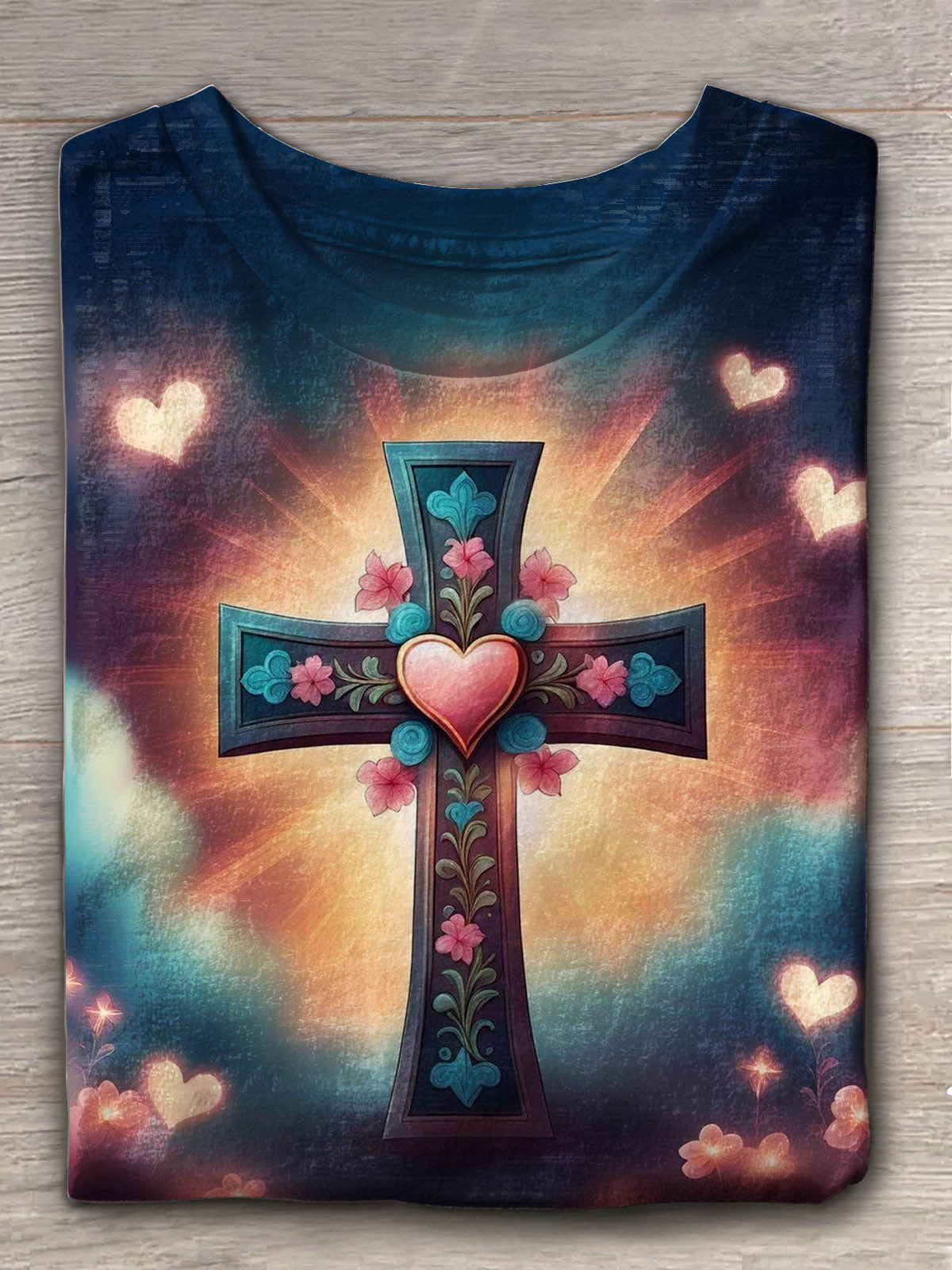 Women's Valentine's Day Cross Love Faith Crew Neck T-shirt