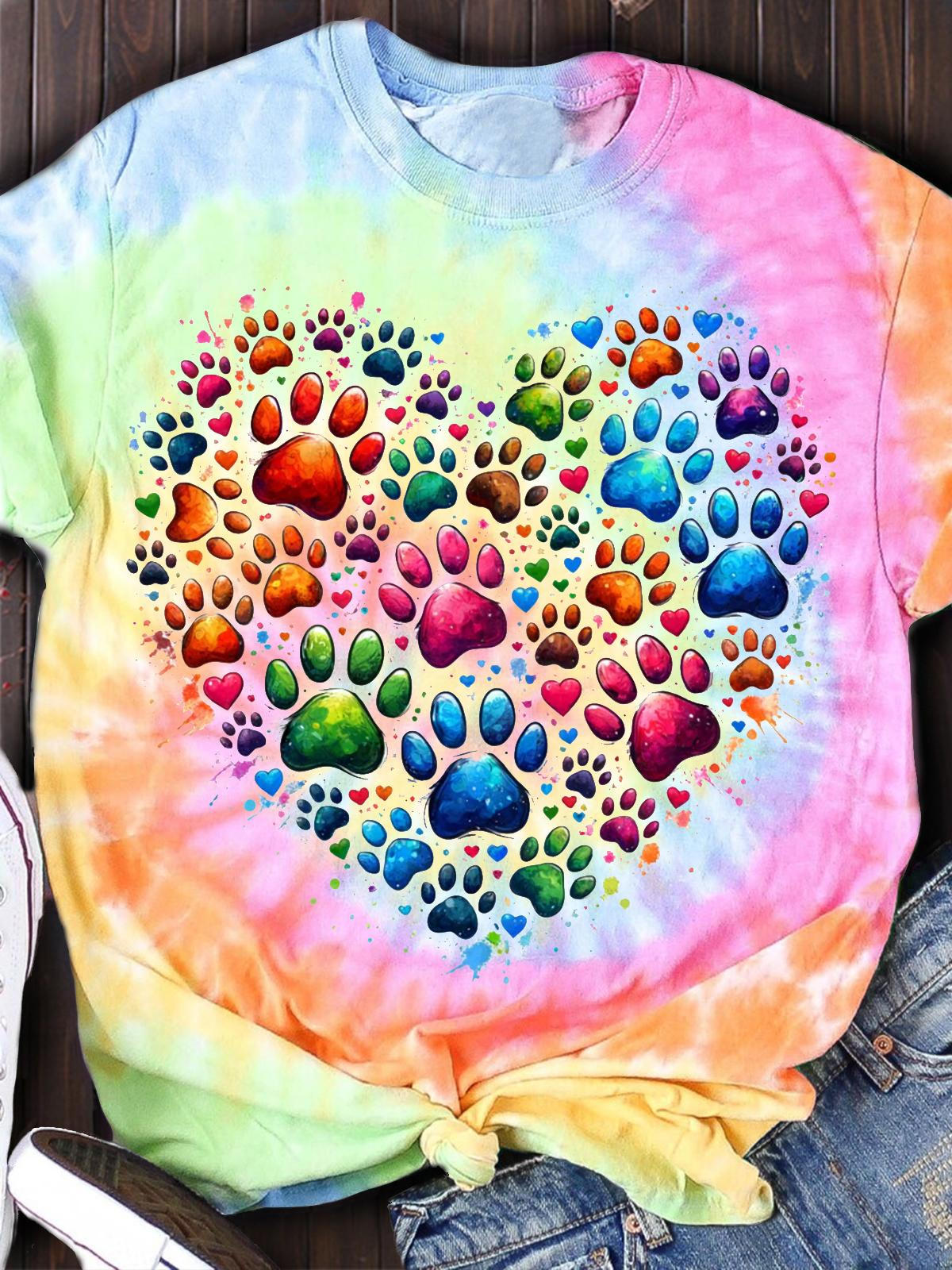 Heart Design Colorful Pawz Crew Neck T-shirt