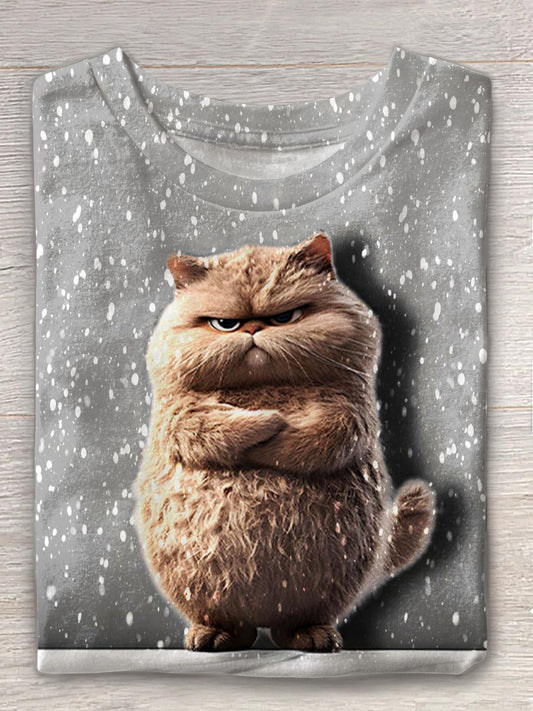 Cute Angry Fat Cat Print Crew Neck T-shirt