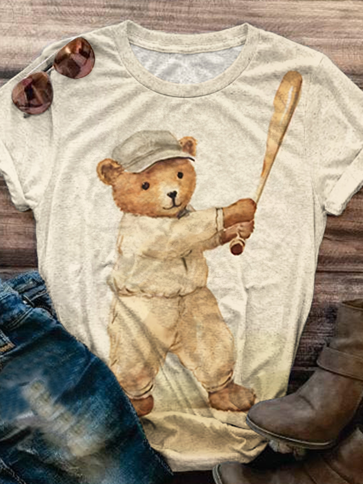 Vintage Baseball Teddy Bear Print Casual Top