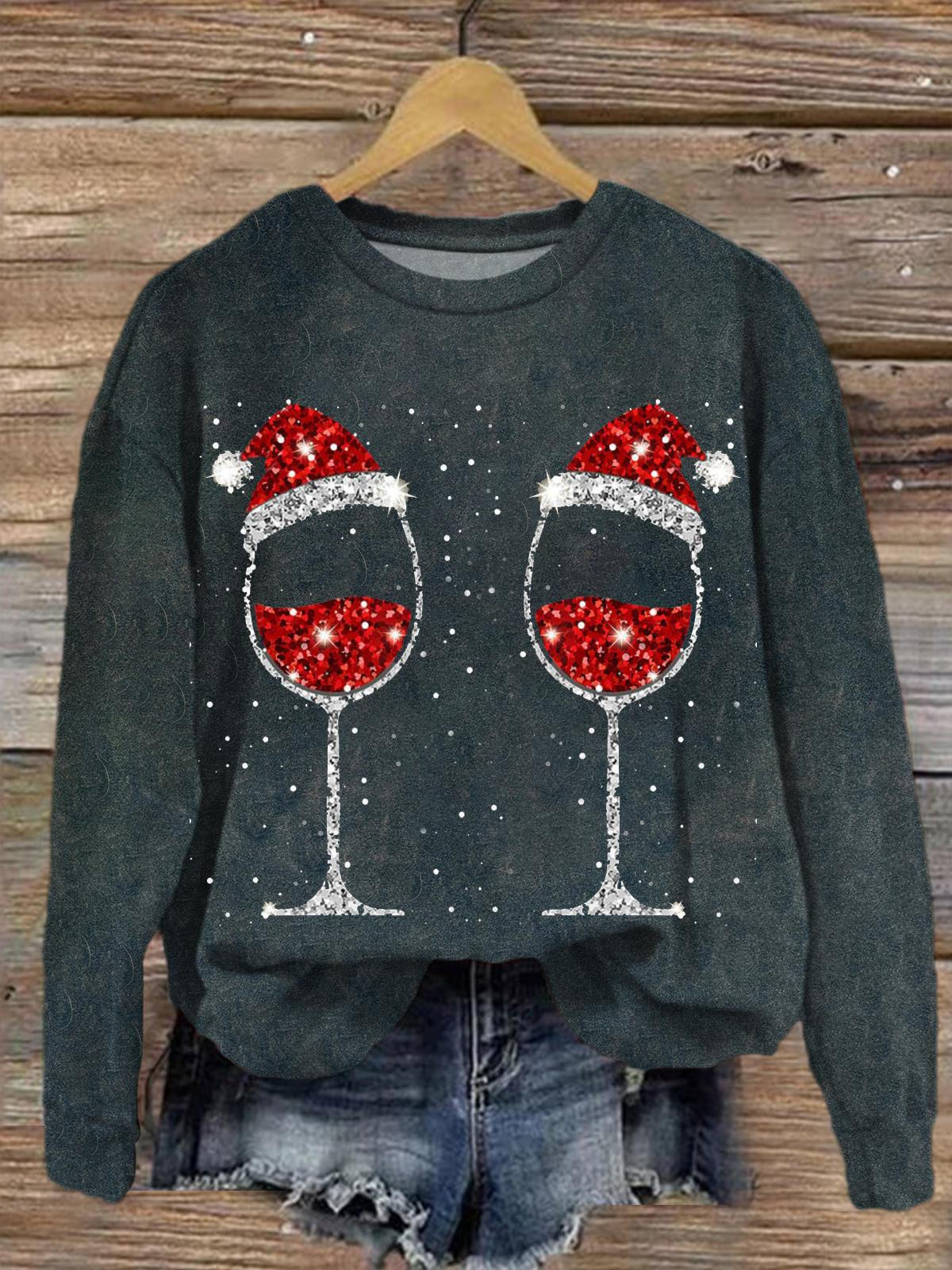 Women's Red Wine Glass Christmas Crew Neck Sweatshirt