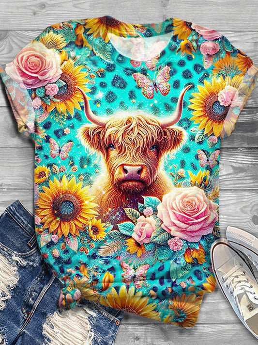 Leopard Sunflower Highland Cow Printed Crew Neck T-shirt