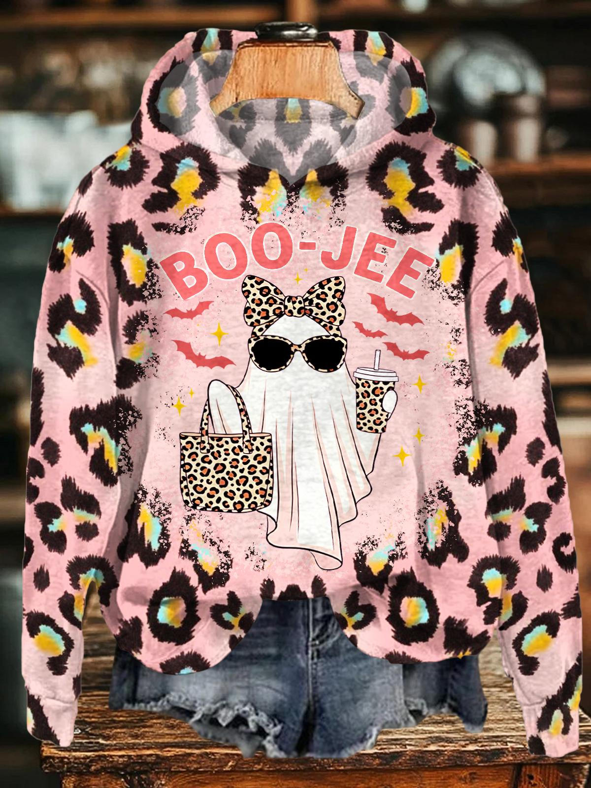Halloween Leopard Ghost Print Long Sleeve Printed Hoodie