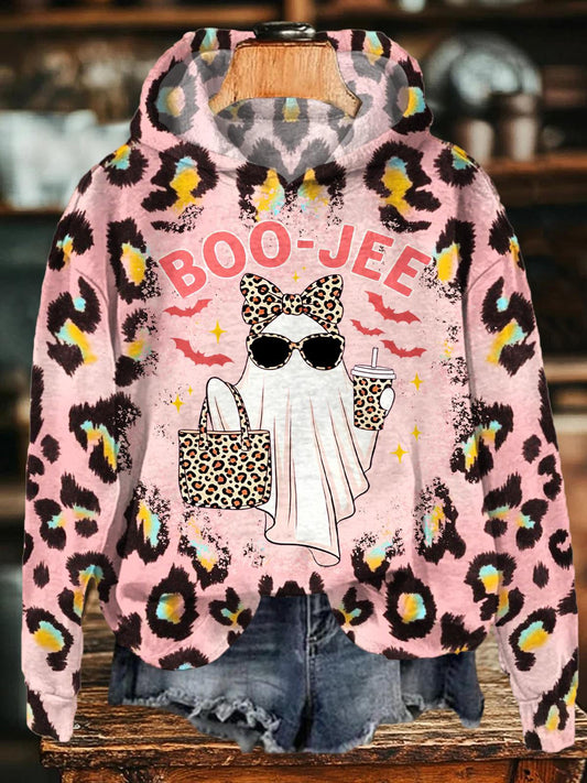 Halloween Leopard Ghost Print Long Sleeve Printed Hoodie