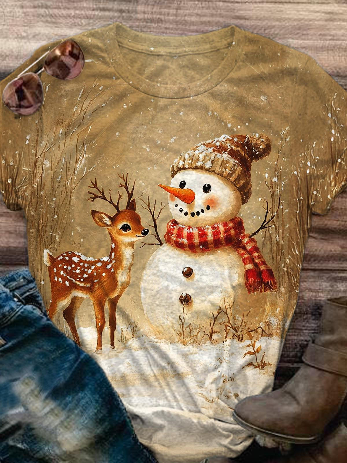 Women's Christmas Winter Snow Scene Snowman Vintage Forest Floral Print T-shirt