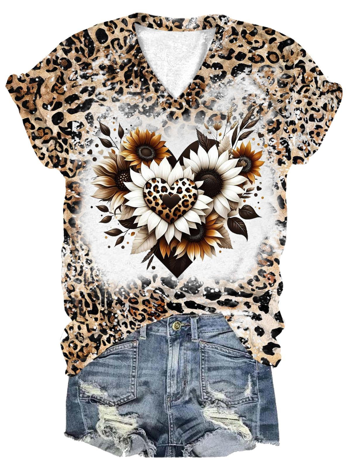 Women's Floral Love Leopard Print V-Neck T-Shirt