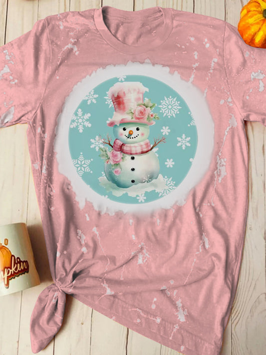 Cute Snowman Pink Design Crew Neck T-shirt