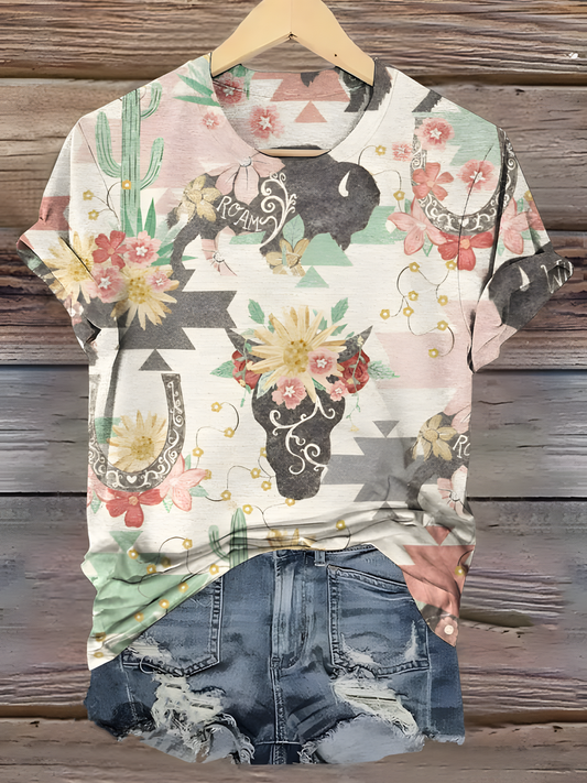 Bohemian Western Print Crew Neck T-shirt