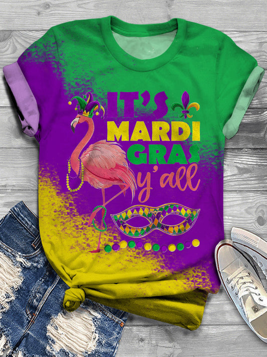 Women's Mardi Gras Flamingo Mask Colorblock Print Casual T-Shirt