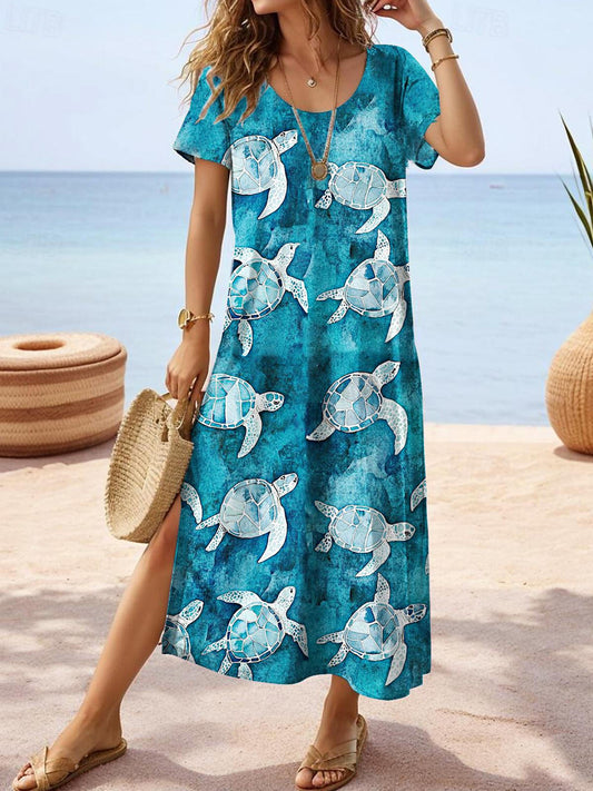 Summer Island Turtle Print Short Sleeve Crew Neck Dress