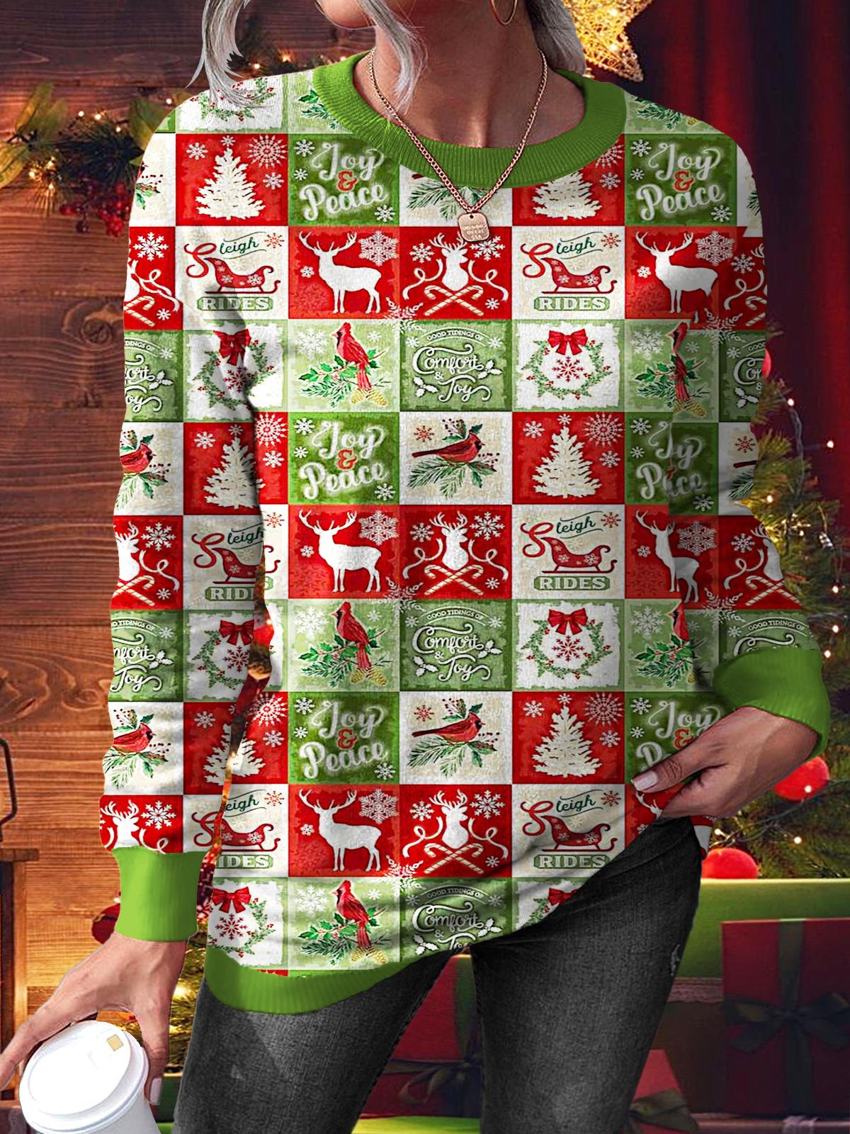 Women's Winter Christmas Puzzle Printed Long Sleeve Casual Top