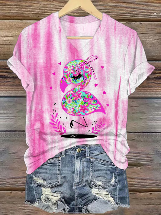 Tie-dye Preppy Flamingo Summer V-neck T-Shirt