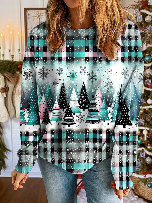 Women's Winter Snowflake Christmas Tree Printed Long Sleeve Casual Top