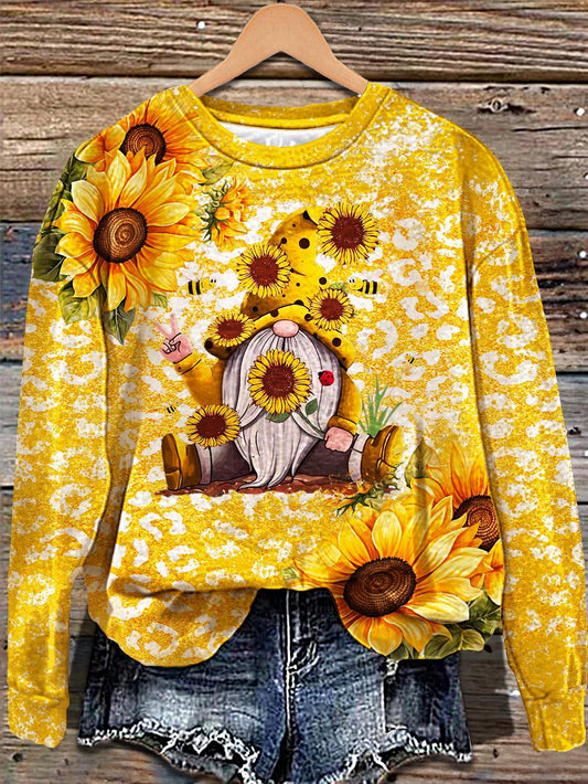 Women's Leopard Sunflower Gnome Printed Long Sleeve Casual Top