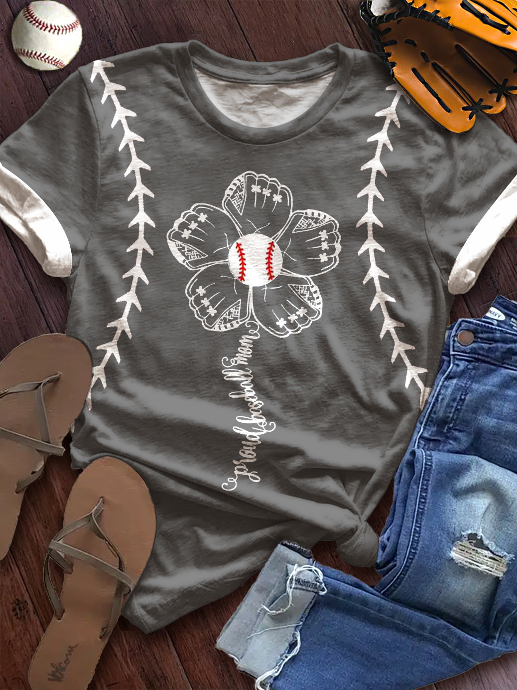 Women's Baseball Sunflower Retro Print Crew Neck T-shirt