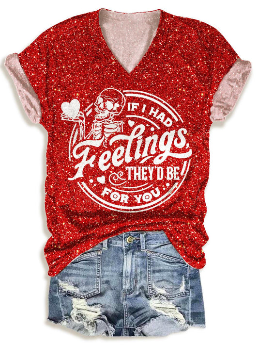 Retro Valentine's Day Skull Sequin Print V-Neck T-Shirt