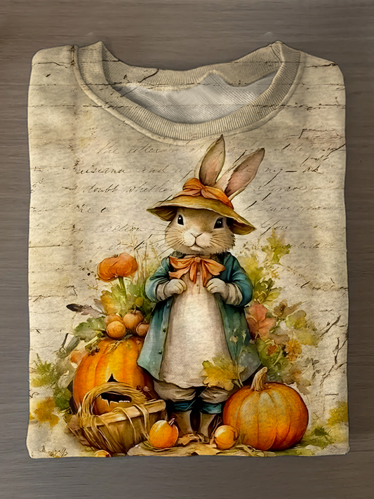 Retro Pumpkin Season Bunny Printed Long Sleeve Casual Top