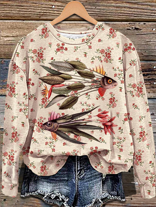 Women's Fun Retro Fish Printed Long Sleeve Casual Top