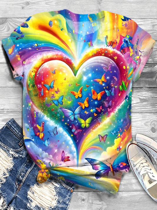 Rainbow Heart Butterfly Printed Crew Neck T-shirt