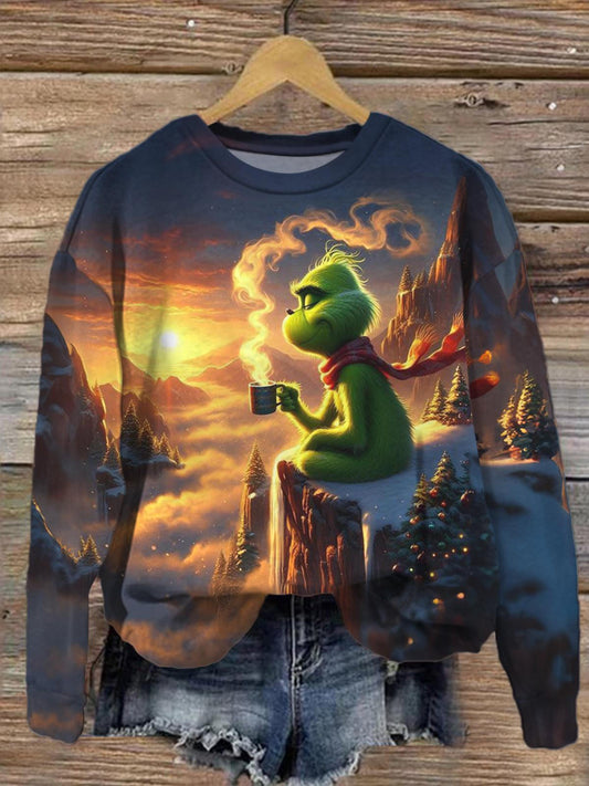 Green Monster Watching The Sunrise Printed Long Sleeve Casual Top