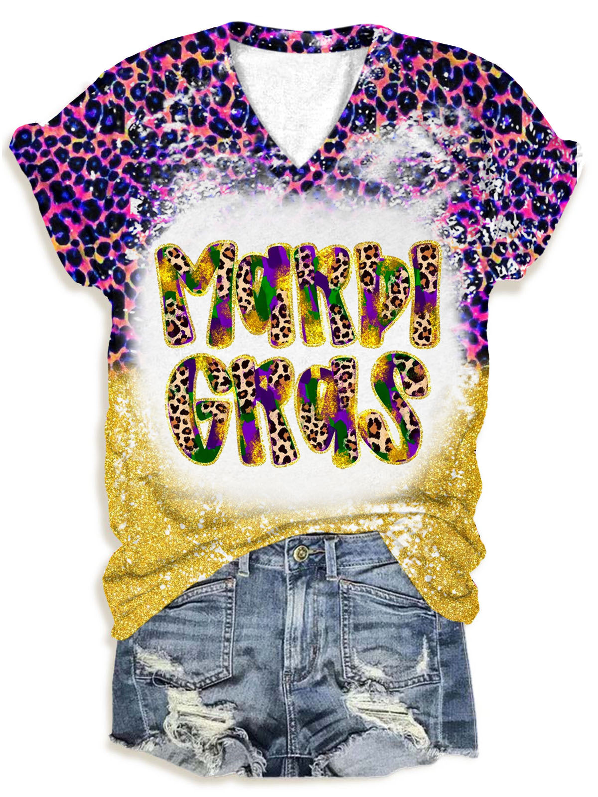 Mardi Gras Leopard V Neck T-Shirt