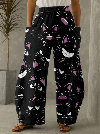 Cute Cat Sketch Print Casual Pants