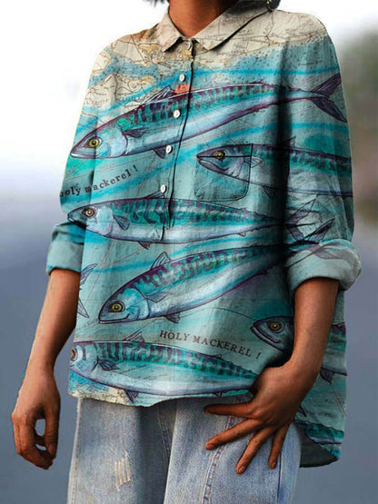 Women's Map Ocean Fish Print Casual Cotton And Linen Shirt