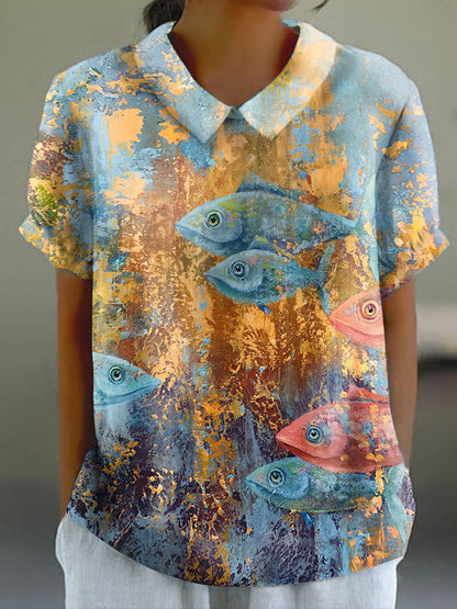 Women's Ocean Fish Oil Painting Print Casual Cotton And Linen Short Sleeves Shirt