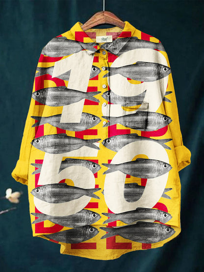 Women's Yellow Fish Print Casual Cotton And Linen Shirt