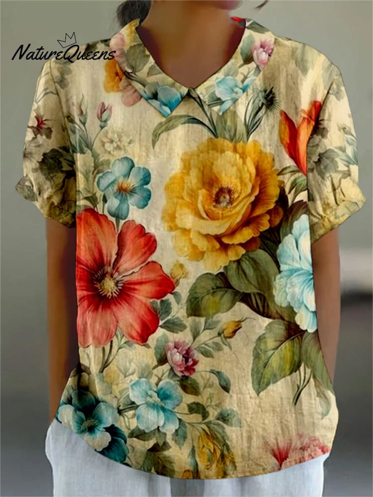 Retro Floral Imprimé Vintage Art Manches Courtes Col de Chemise Haut