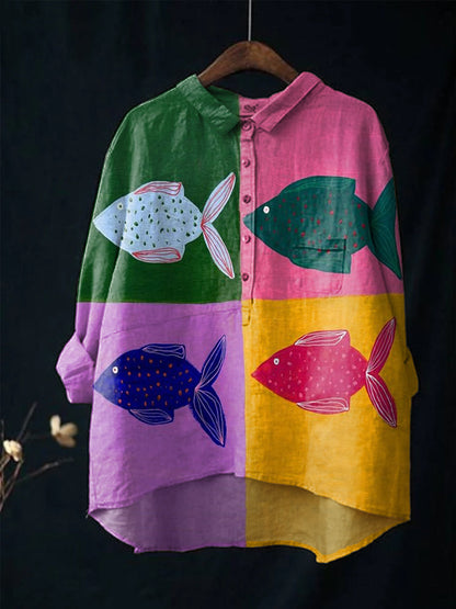 Women's Fish Art Print Casual Cotton And Linen Shirt