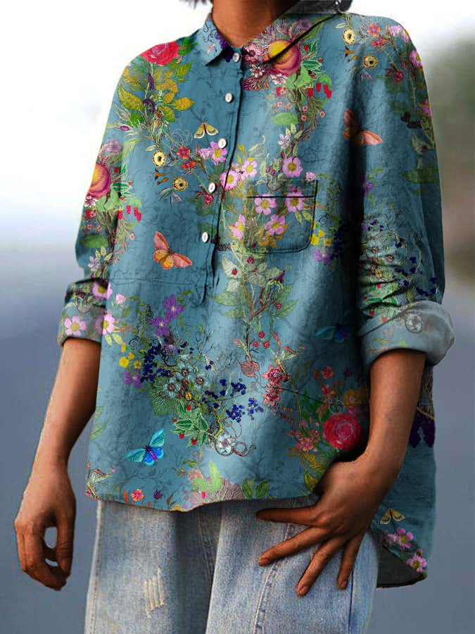 Women's Vintage Floral Butterfly Print Casual Cotton And Linen Shirt