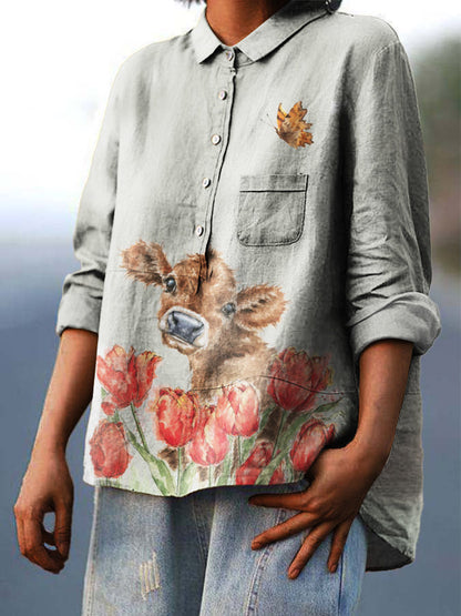 Women's Floral Cow Print Casual Cotton And Linen Shirt