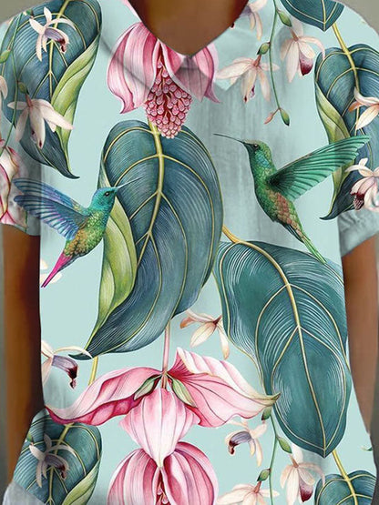 Women's Flowers and Birds Floral Print Casual Cotton And Linen Shirt