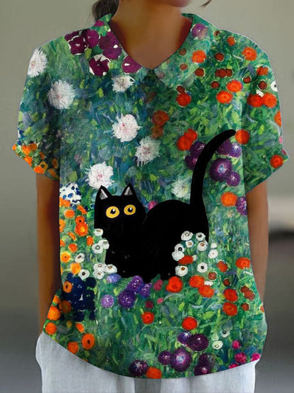 Women's Green Oil Painting Flower Cat Print Casual Cotton And Linen Shirt