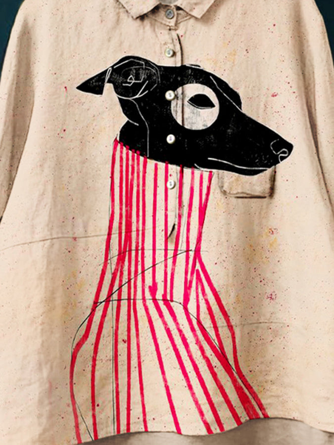 Women's Colorblock Line Puppy Print Casual Cotton And Linen Shirt