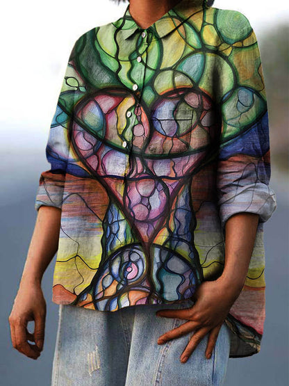 Women's Colorblock Abstract Print Casual Cotton And Linen Shirt