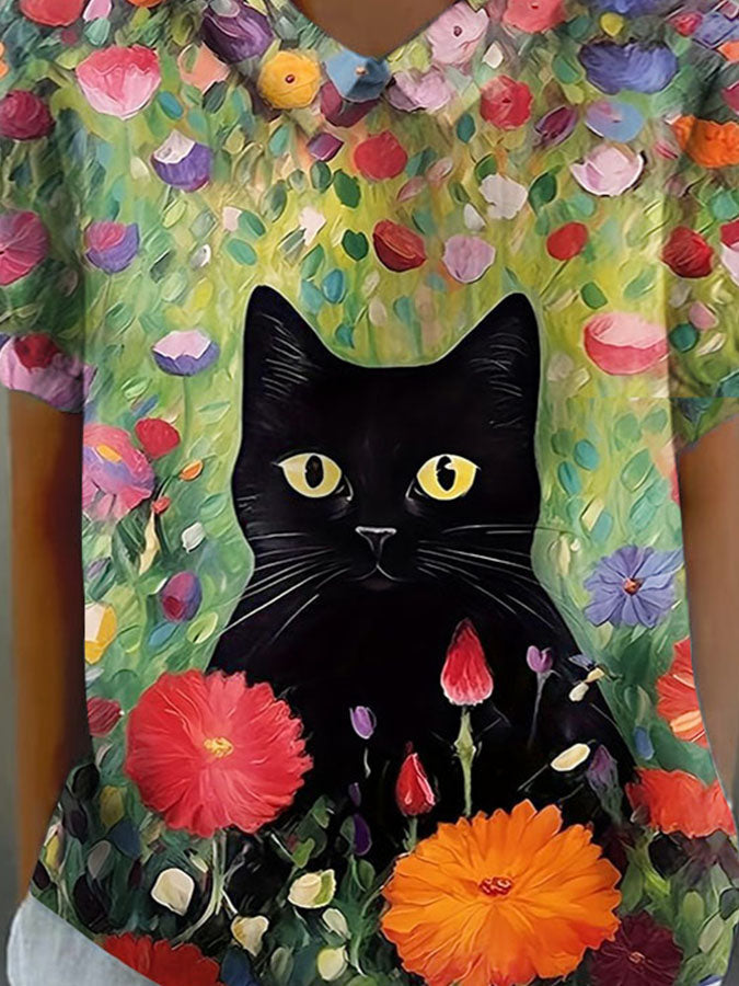 Women's Ombre Floral Cat Print Casual Cotton And Linen Shirt